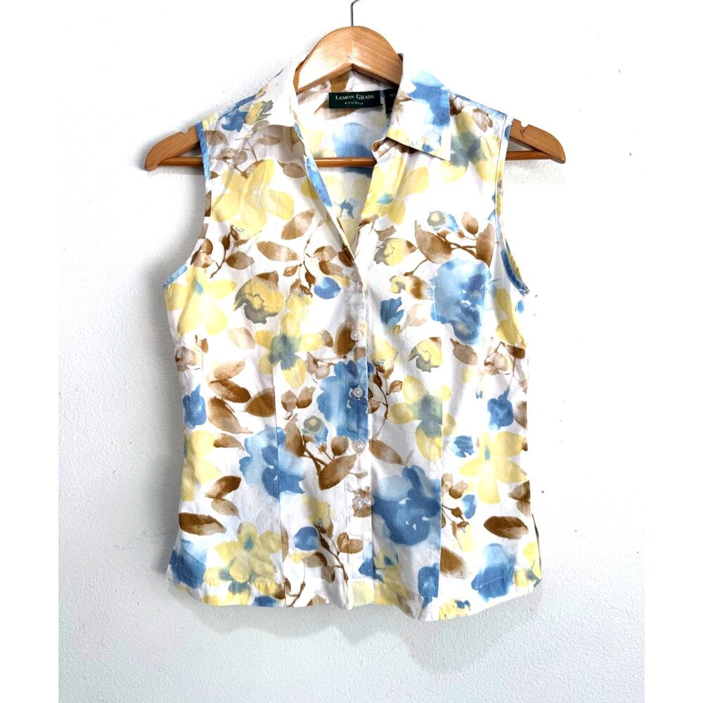 Lemon Grass shirt non sleves floral summer casual cottage 100% cotton women S